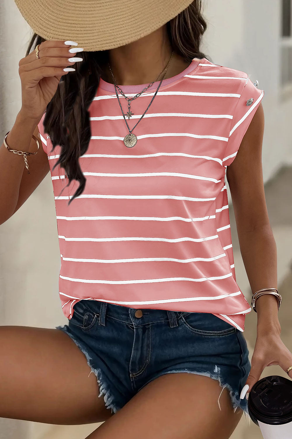 Perfee Decorative Button Round Neck T-Shirt Burnt Coral