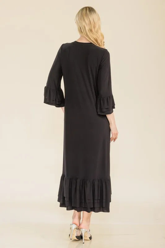 Celeste Full Size Modest Midi Dress with 3/4 Ruffle Bell Sleeves Plus Size