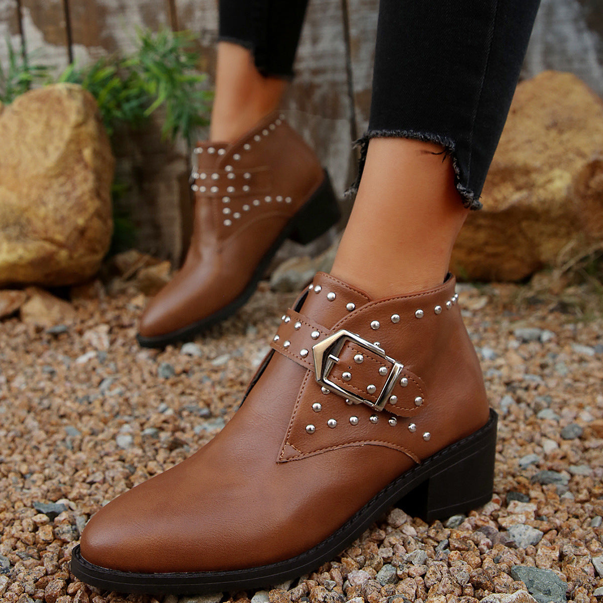 Studded Buckle Chelsea Boots Brown