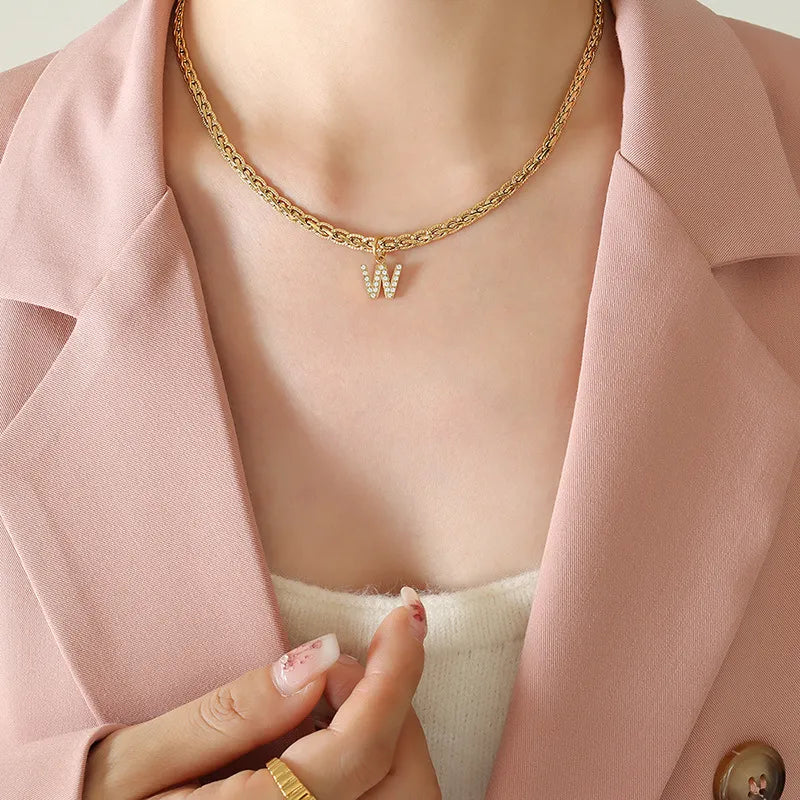 Brass Inlaid Zircon Letter Pendant Necklace Style W One Size