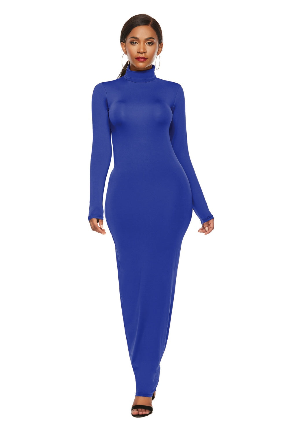 Mock Neck Long Sleeve Maxi Slim Dress Royal Blue