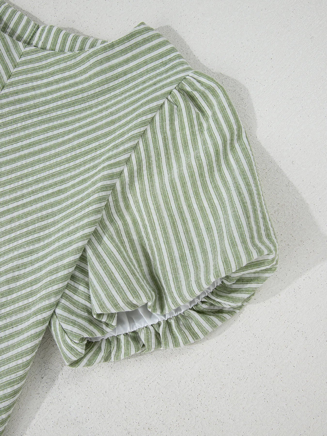 Stripe Textured Round Neck Short Puff Sleeve Blouse