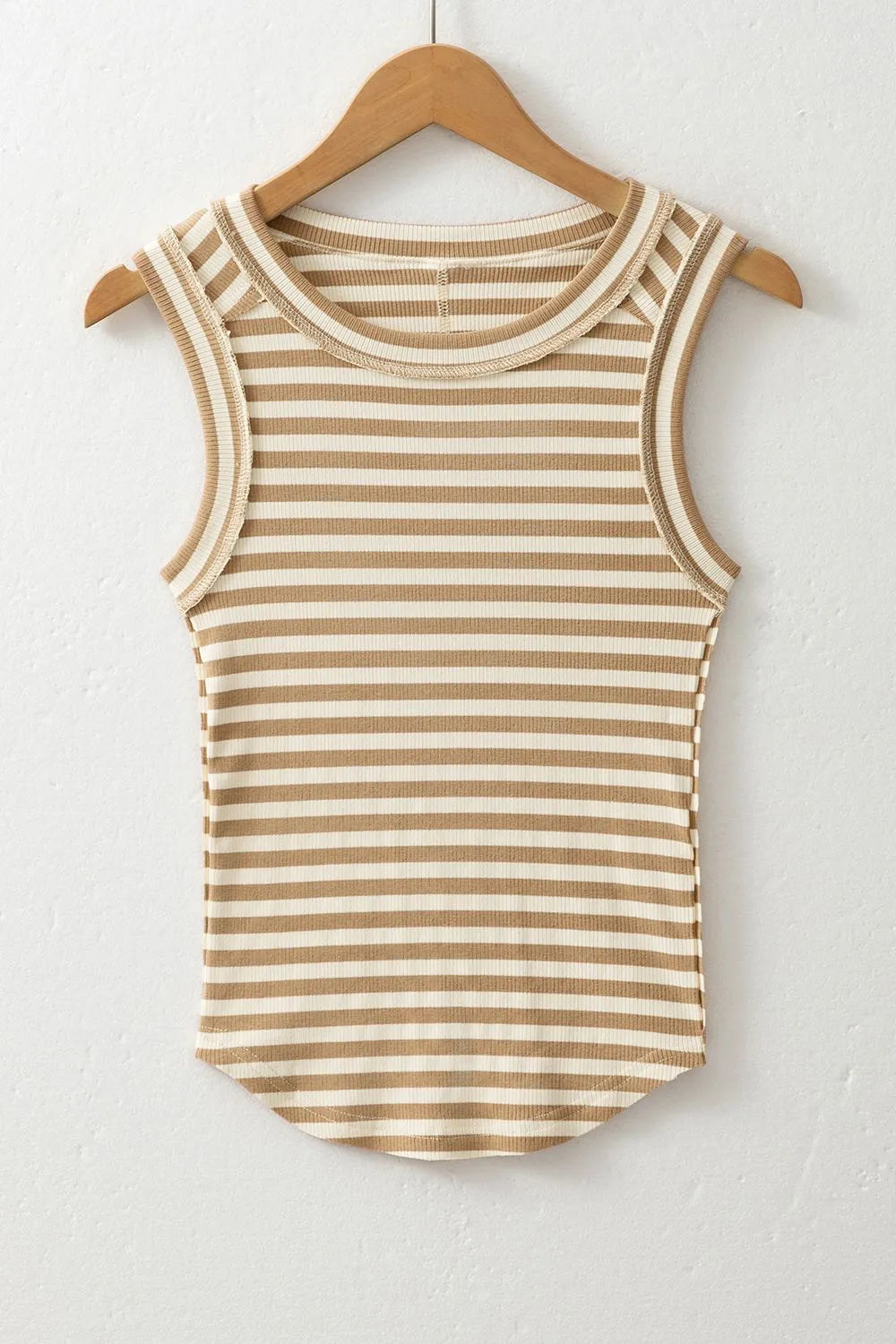 Stripe Exposed Seam Trim Round Neck Sleeveless Top