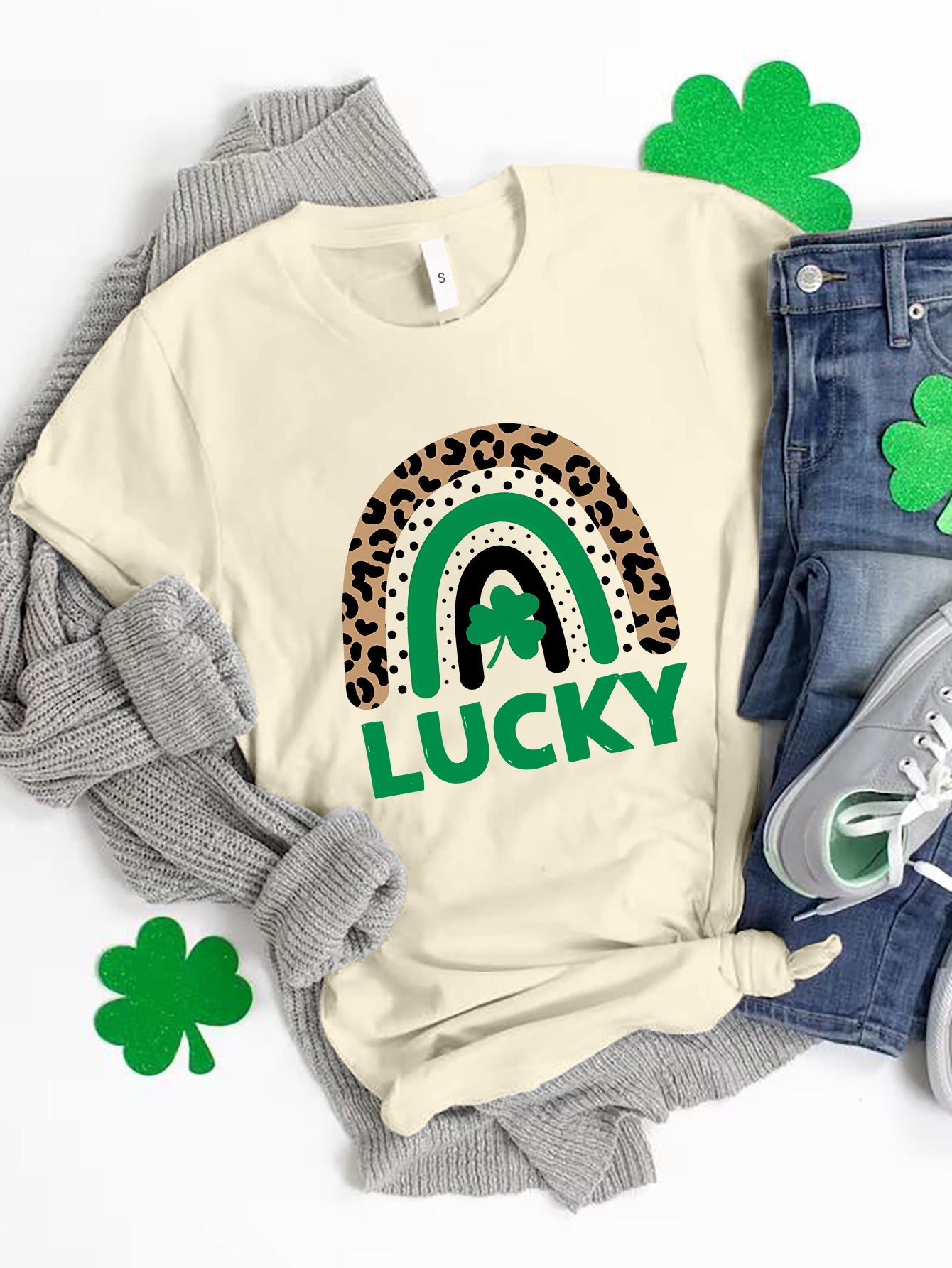 LUCKY Round Neck Short Sleeve T-Shirt Tan