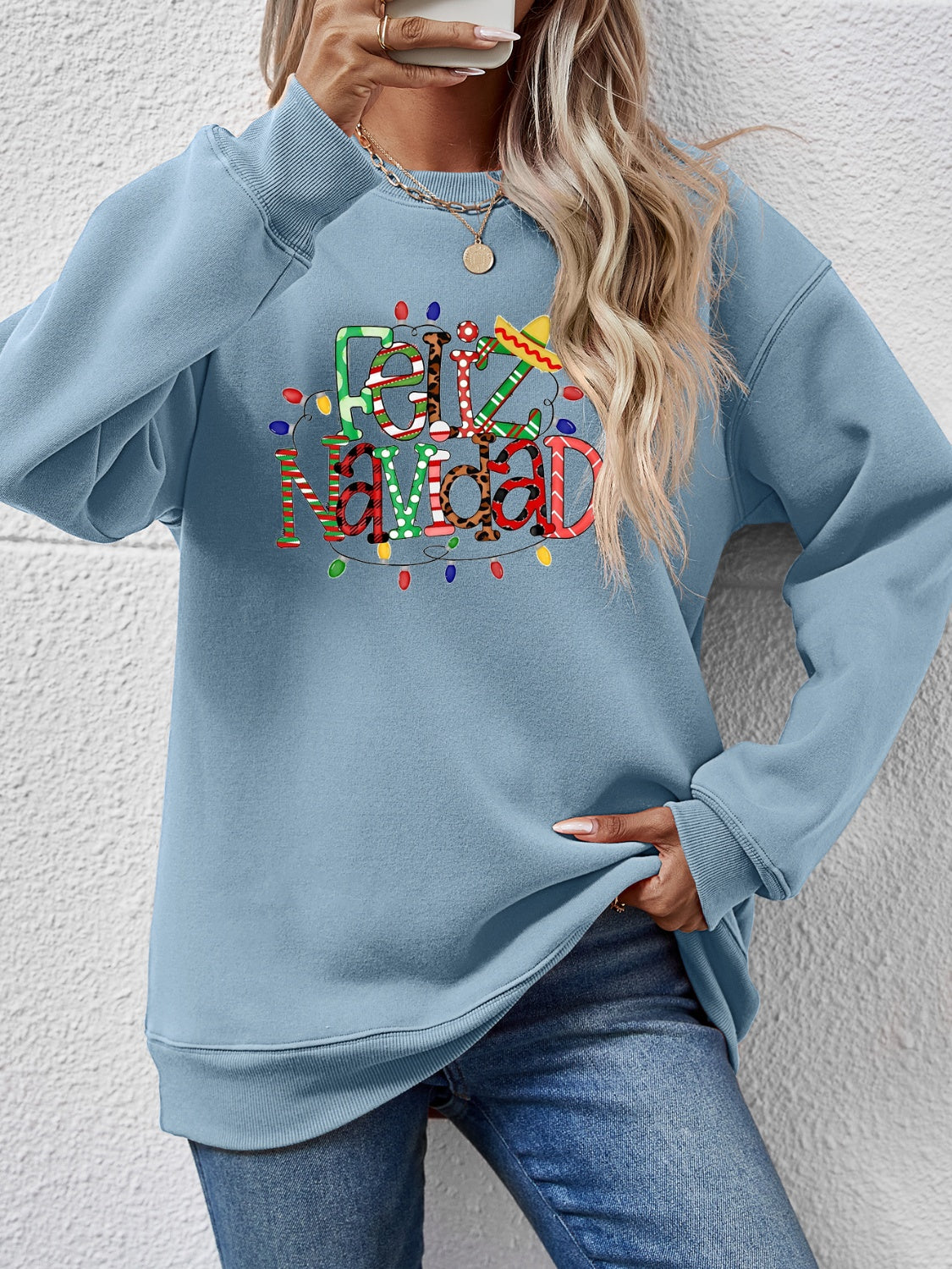 FELIZ NAVIDAD Round Neck Drop Shoulder Sweatshirt Misty Blue