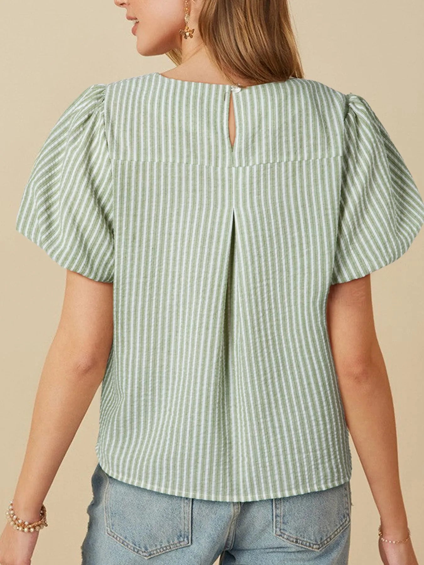 Stripe Textured Round Neck Short Puff Sleeve Blouse