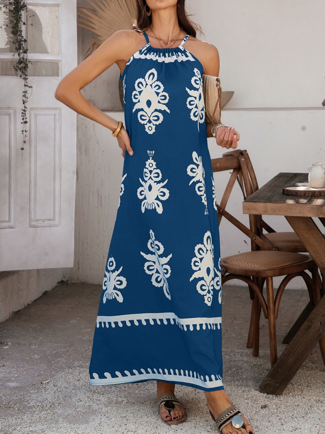 Devine Grecian Neck Printed Maxi Dress Peacock Blue