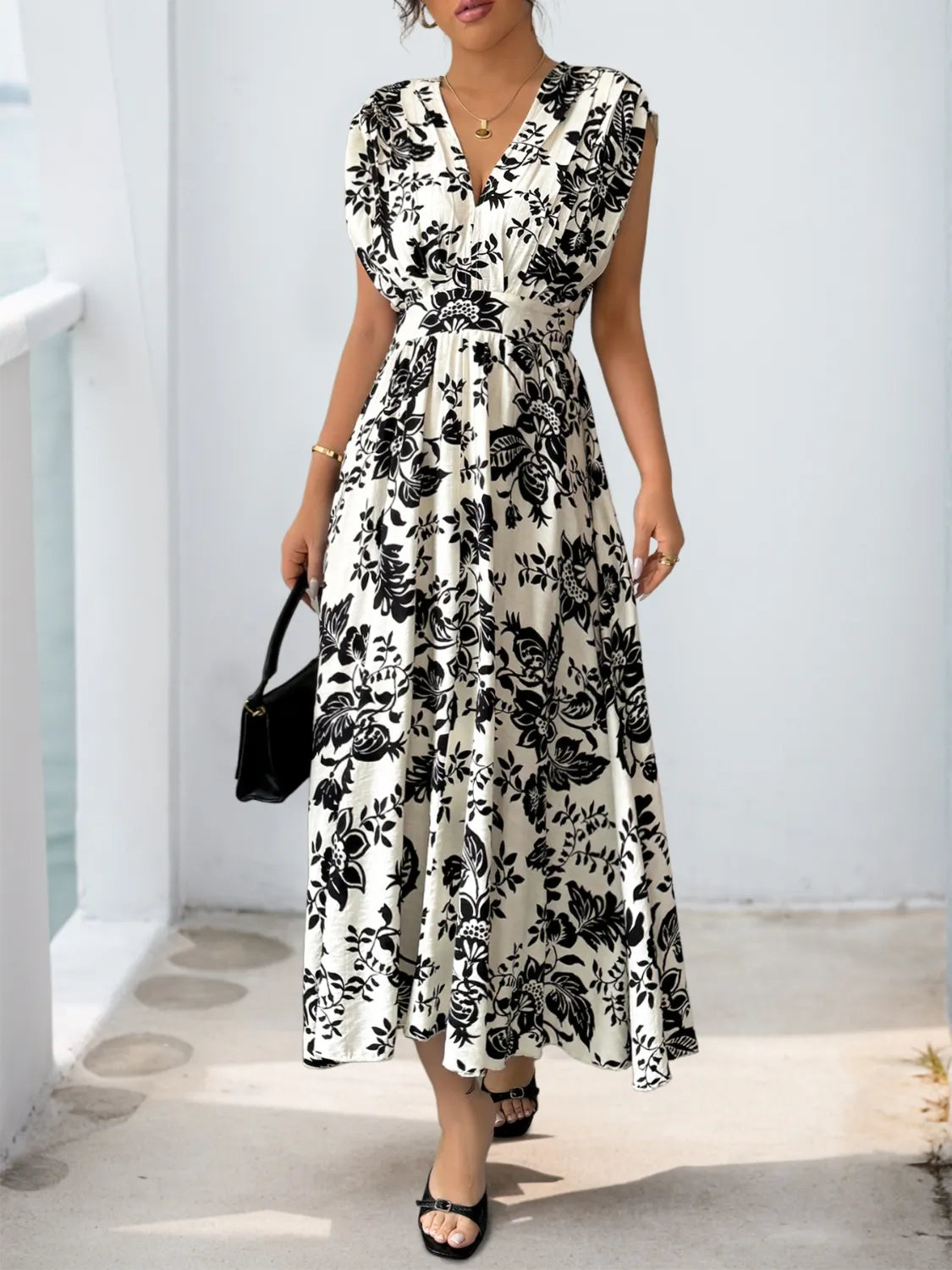 Printed V-Neck Cap Sleeve Dress