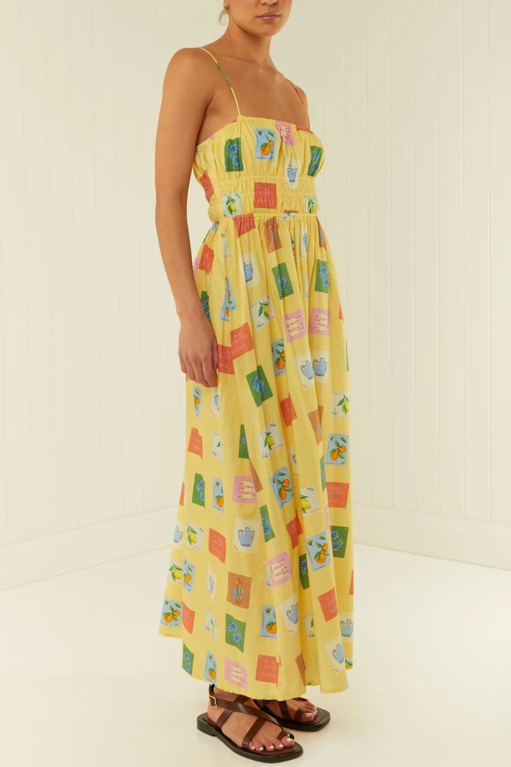 Printed Square Neck Maxi Cami Dress Yellow