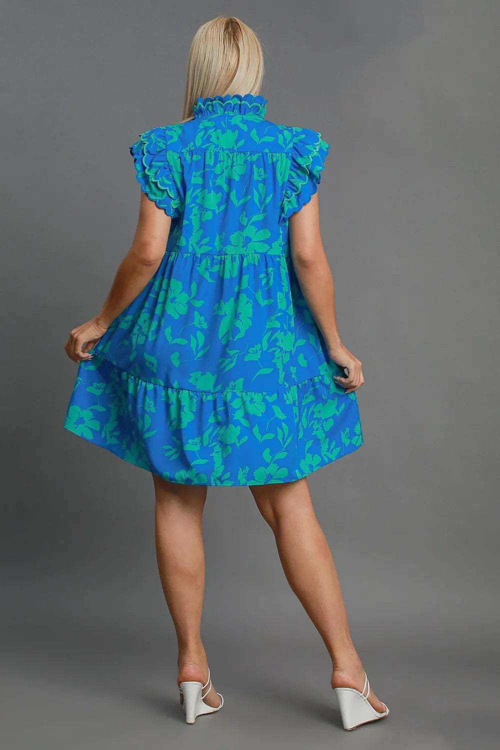 Umgee Full Size Two Tone Floral Print Ruffle Cap Sleeve Mini Dress Plus Size