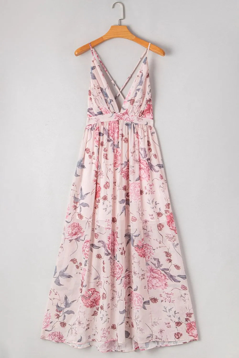 Floral Pleated Deep V Backless Maxi Dress