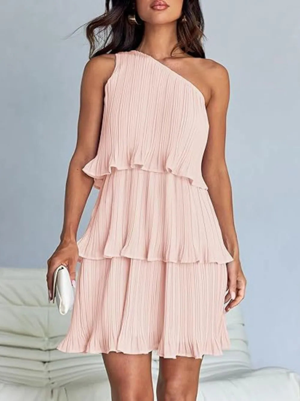 Layered Single Shoulder Mini Dress Blush Pink