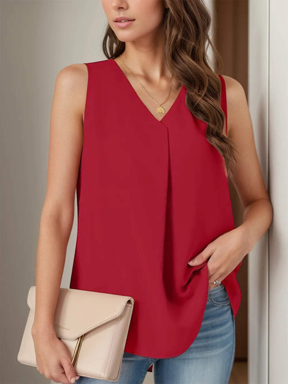 Full Size Ruched V-Neck Tank Deep Red
