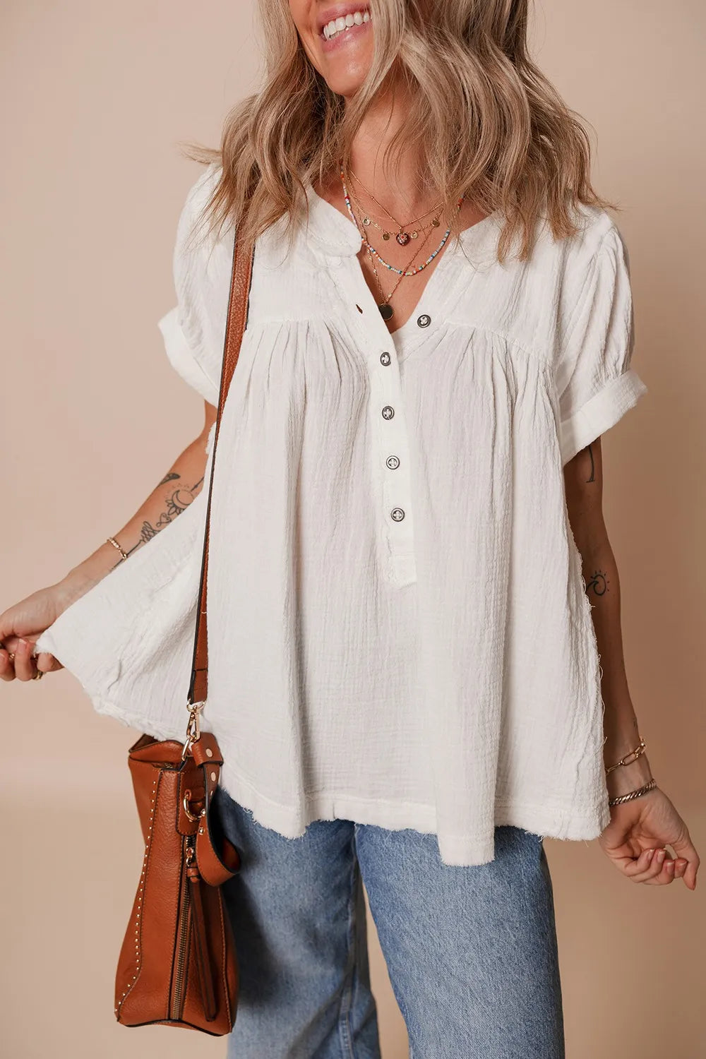 Textured Short Sleeve Buttons Frayed Blouse White