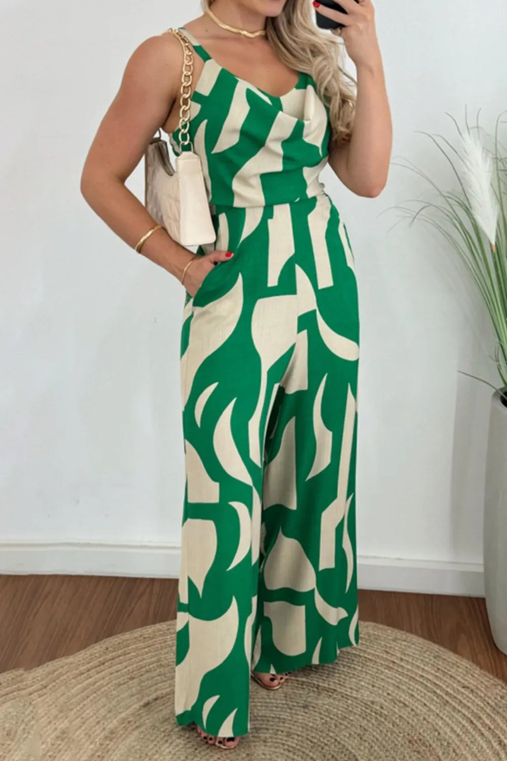 Two-Tone Spaghetti Strap Wide Leg Jumpsuit Green