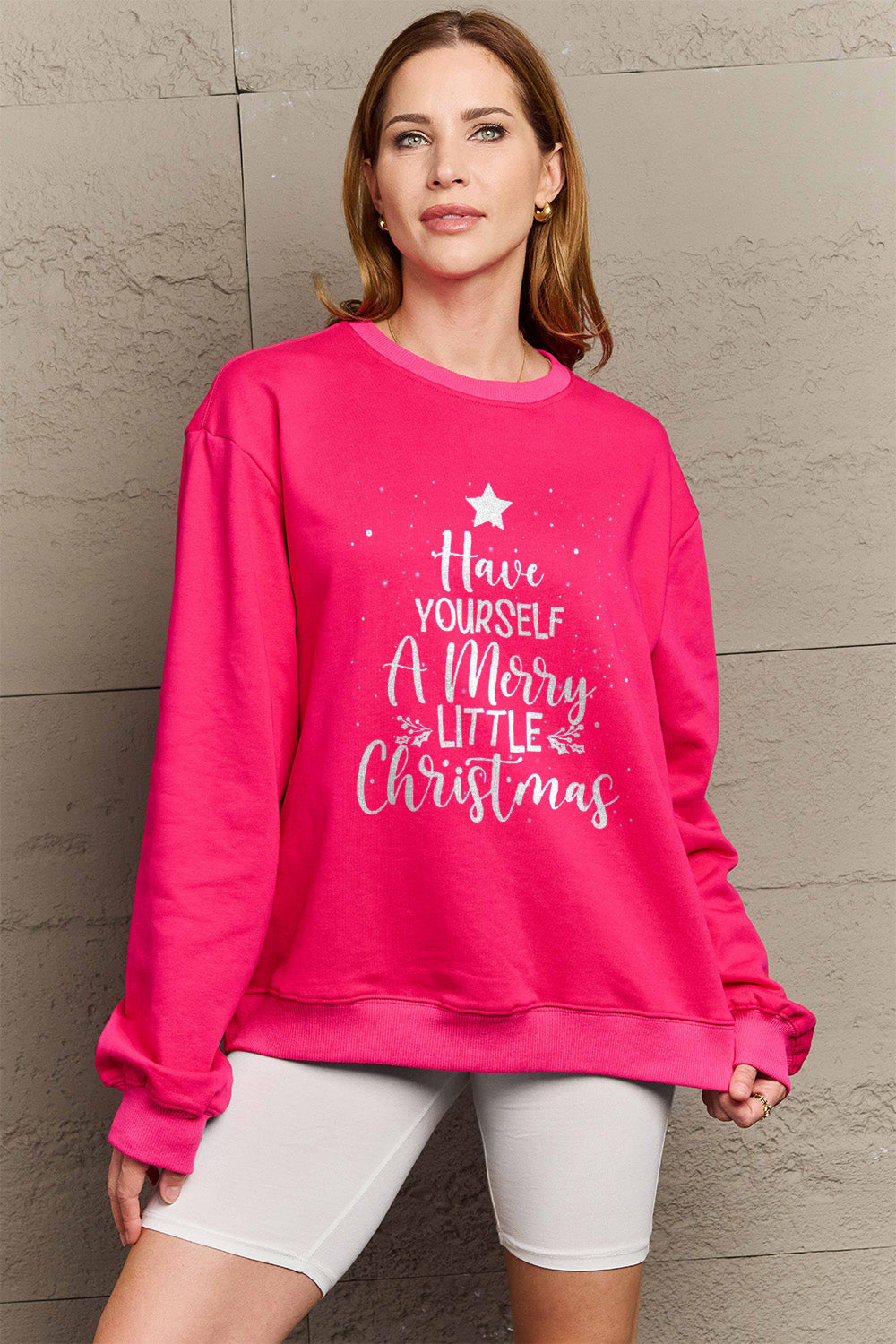 Simply Love Full Size HAVE YOURSELF A MERRY LITTLE CHRISTMAS Round Neck Sweatshirt Hot Pink