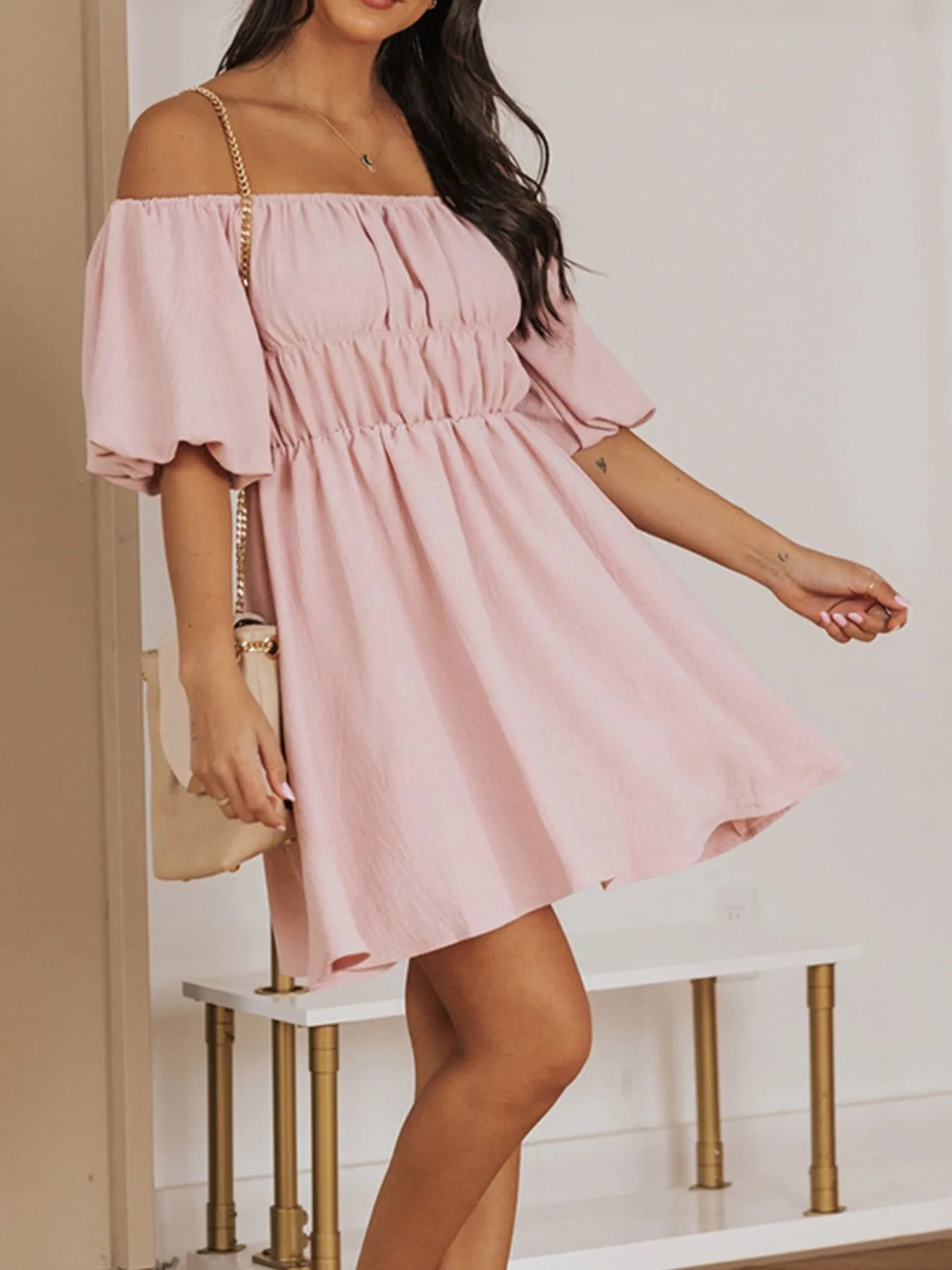 Off-Shoulder Puff Sleeve Mini Dress