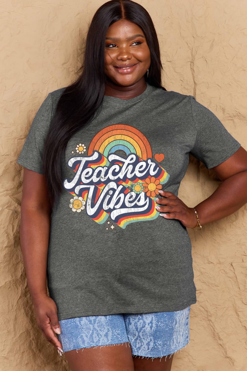 Simply Love Full Size TEACHER VIBES Graphic Cotton T-Shirt Dark Gray