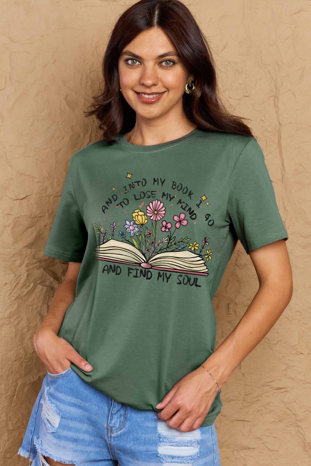 Simply Love Full Size Book & Flower Graphic Cotton Tee Dark Green