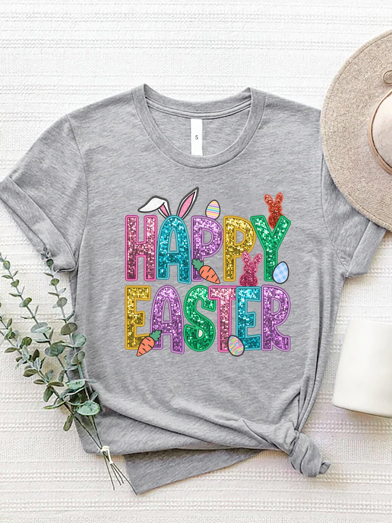 HAPPY EASTER Round Neck Short Sleeve T-Shirt Gray