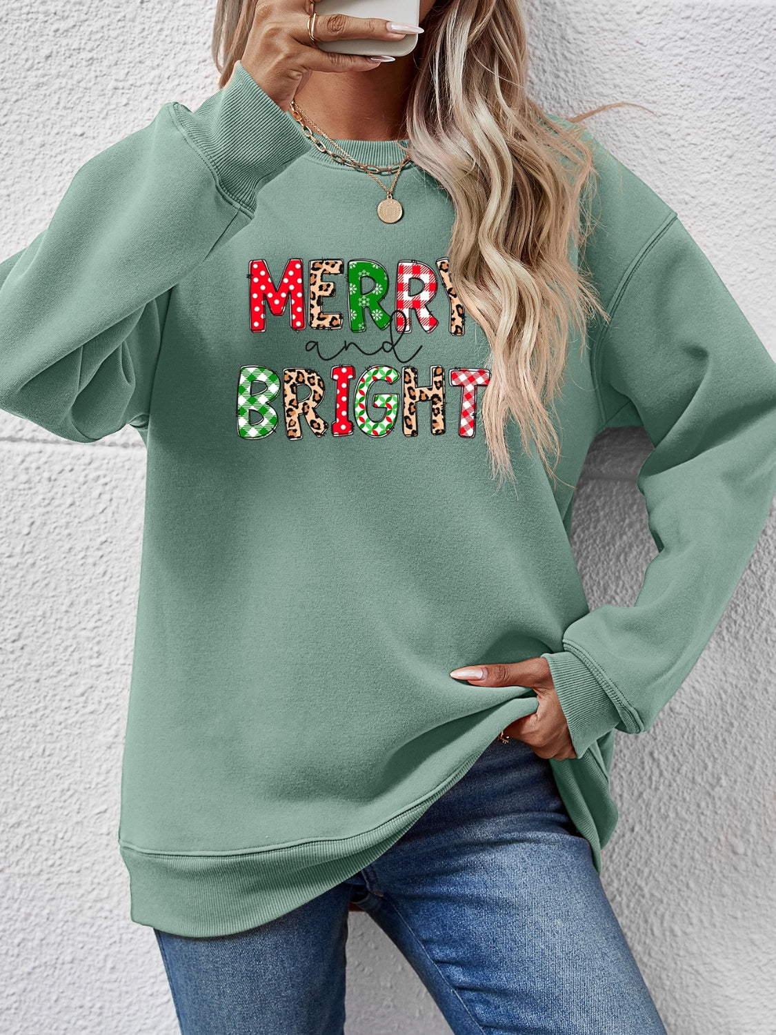 MERRY AND BRIGHT Round Neck Sweatshirt Sage