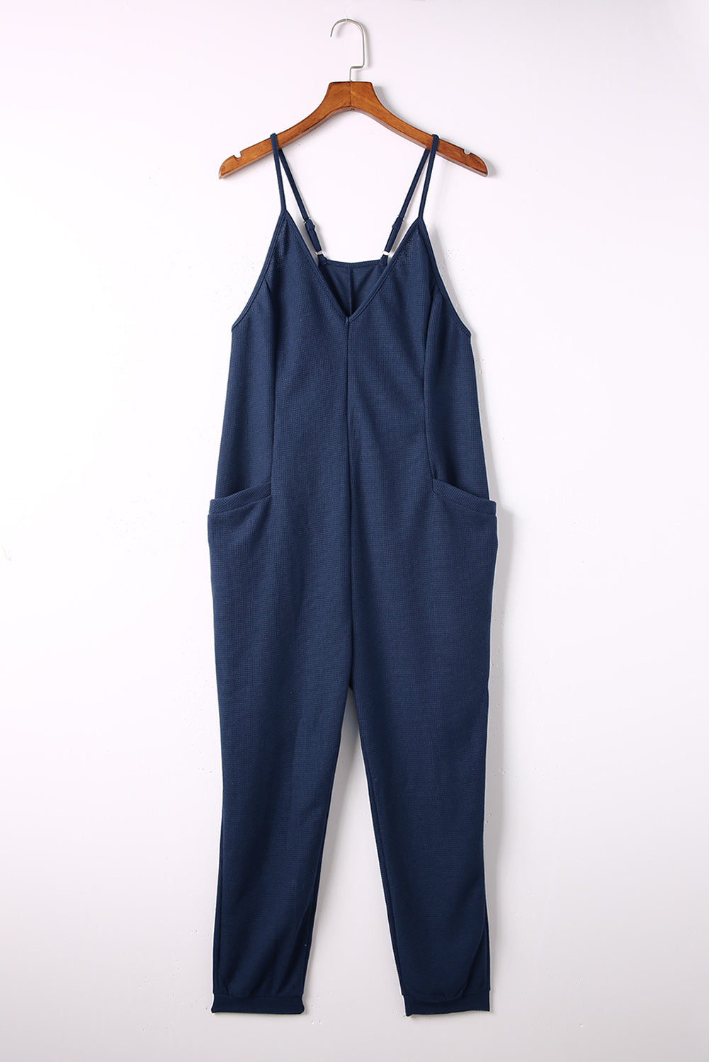 Spaghetti Strap Deep V Jumpsuit with Pockets Navy