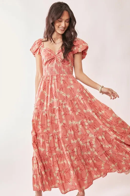 Davi & Dani Lightweight Sweetheart Neck Textured Tiered Maxi Dress Coral