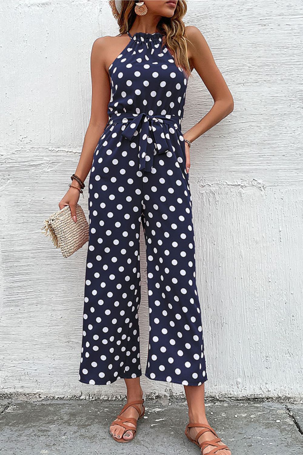 Perfee Polka Dot Grecian Wide Leg Jumpsuit Navy