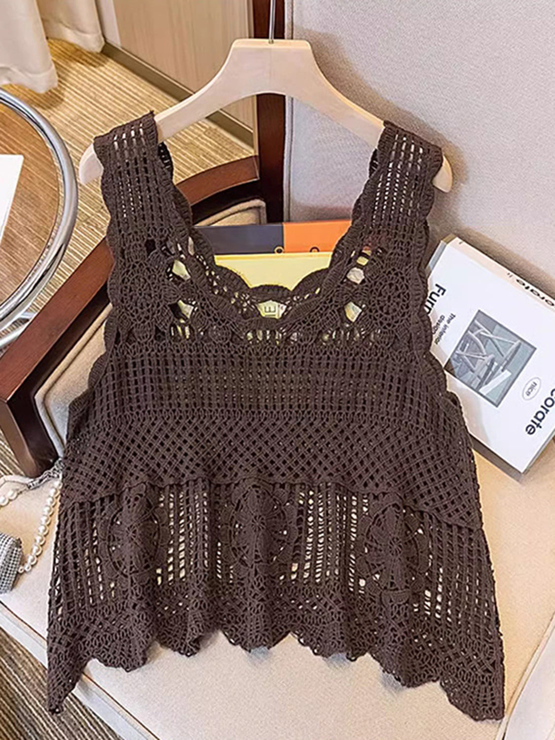Openwork Scoop Neck Tank Olive Brown One Size