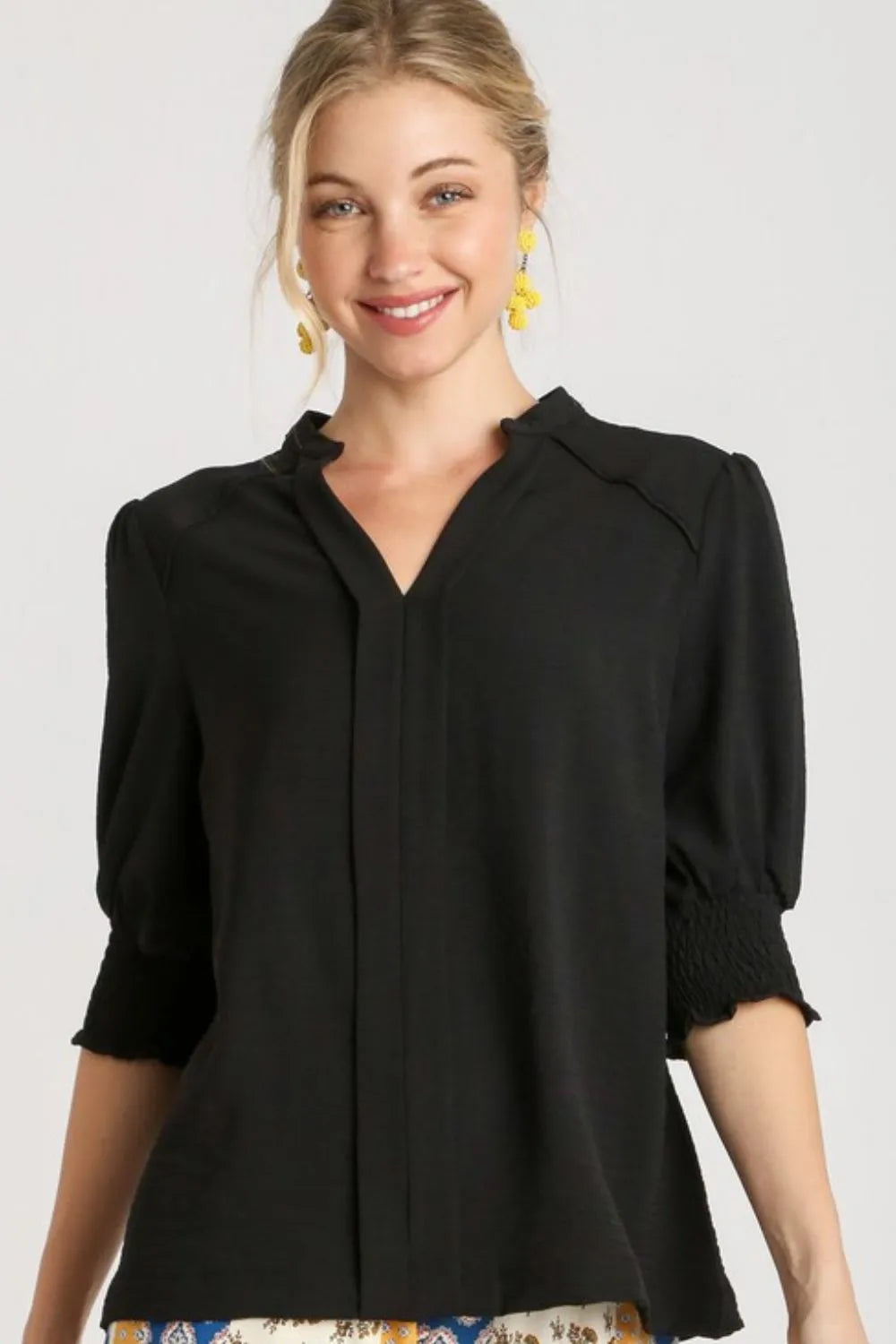 Umgee Full Size Split Neck Boxy Cut Top with Piping Details Plus Size Black