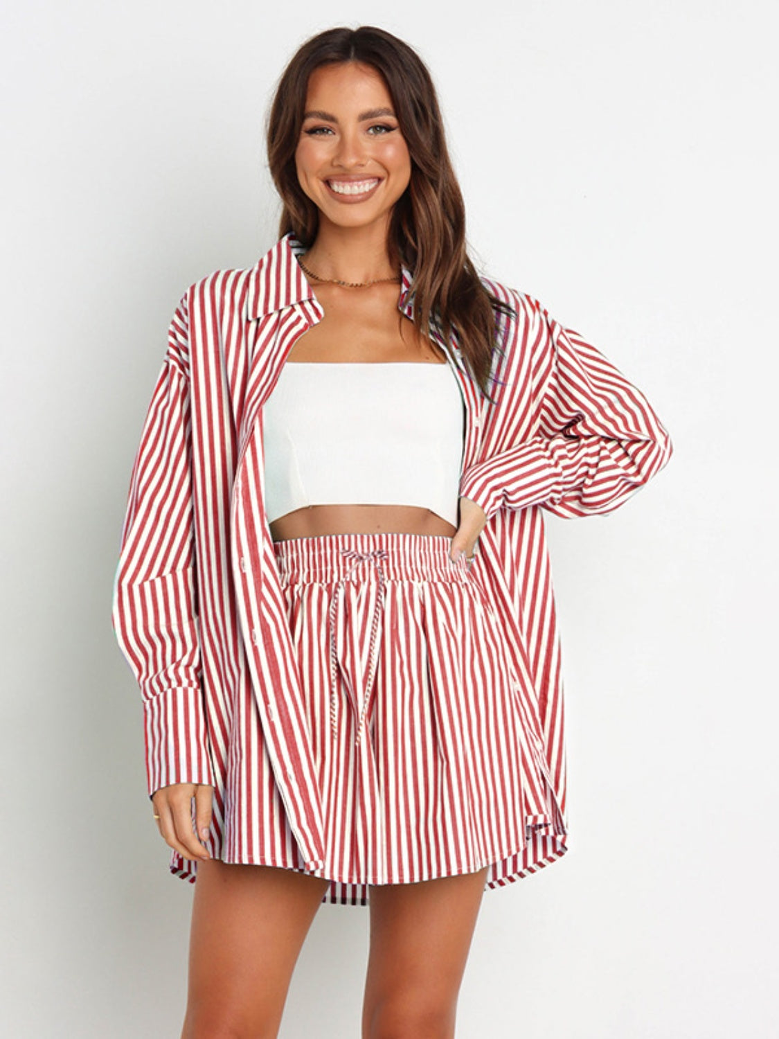 Striped Dropped Shoulder Shirt and Shorts Set Deep Red