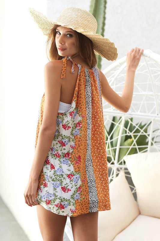 BiBi Multi Floral Printed Gauze Woven Ribbon Tied Cami
