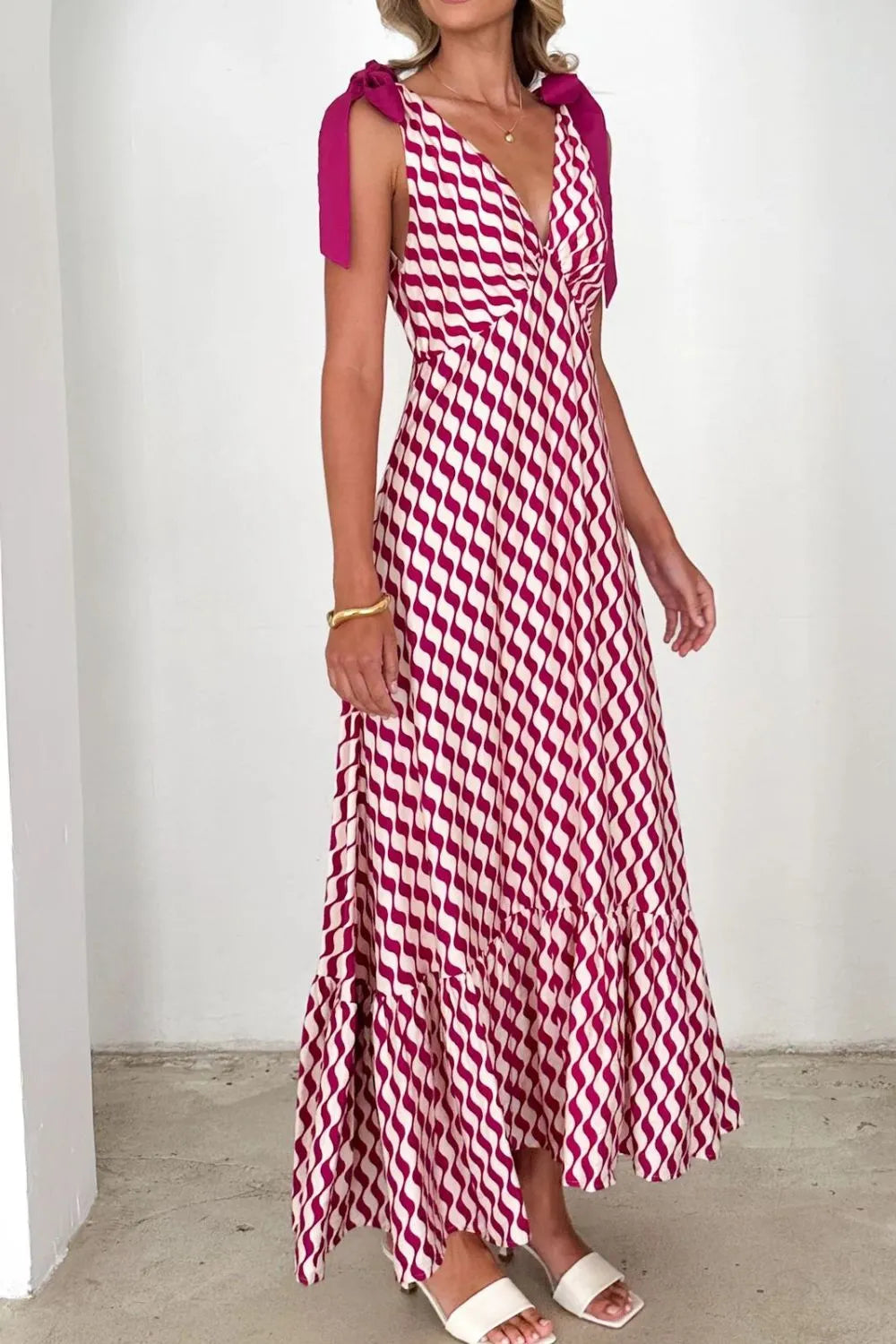 Printed V-Neck Tie Shoulder Midi Cami Dress