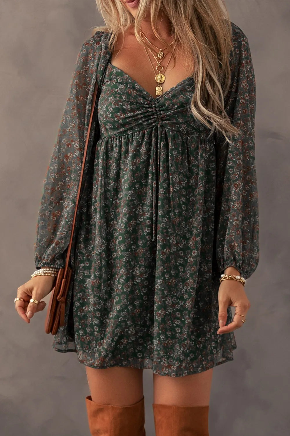 Ruched Printed Long Sleeve Mini Dress Black Forest