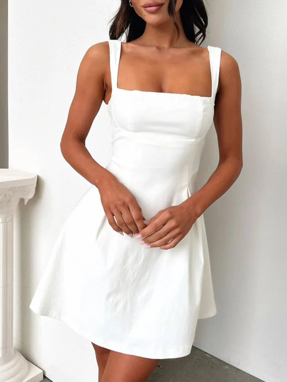 Devine Bow Back Square Neck Mini Dress White