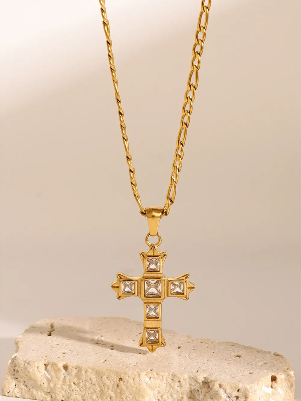 Stainless Steel Zircon Cross Pendant Necklace White One Size
