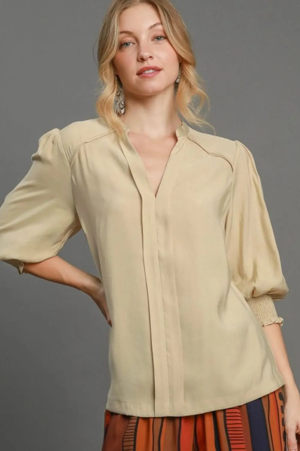 Umgee Full Size Notched Smocked Cuff Woven Top Plus Size Tan