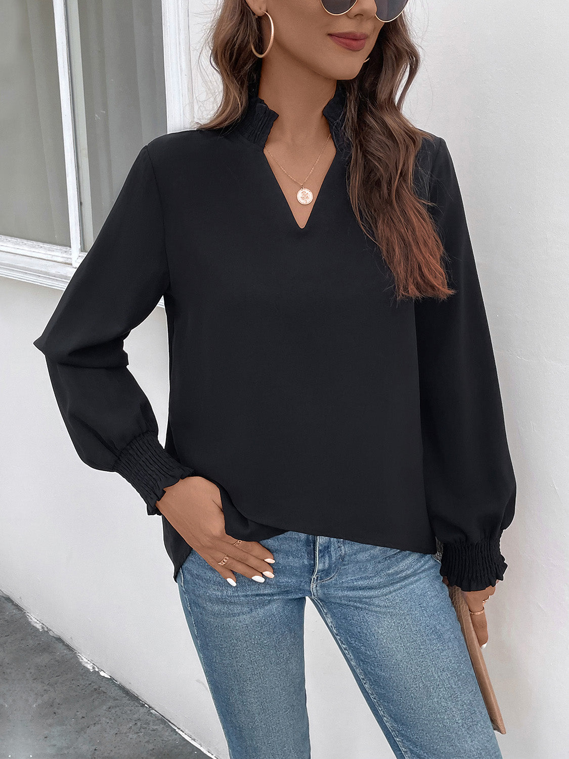 Perfee Smocked Notched Long Sleeve Blouse Black