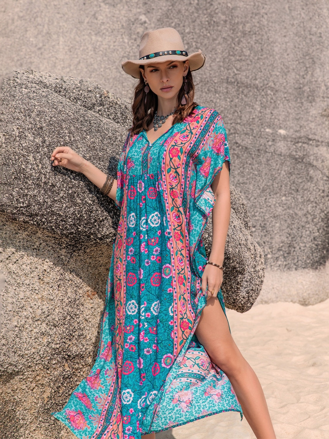Printed Tie Neck Short Sleeve Dress Teal