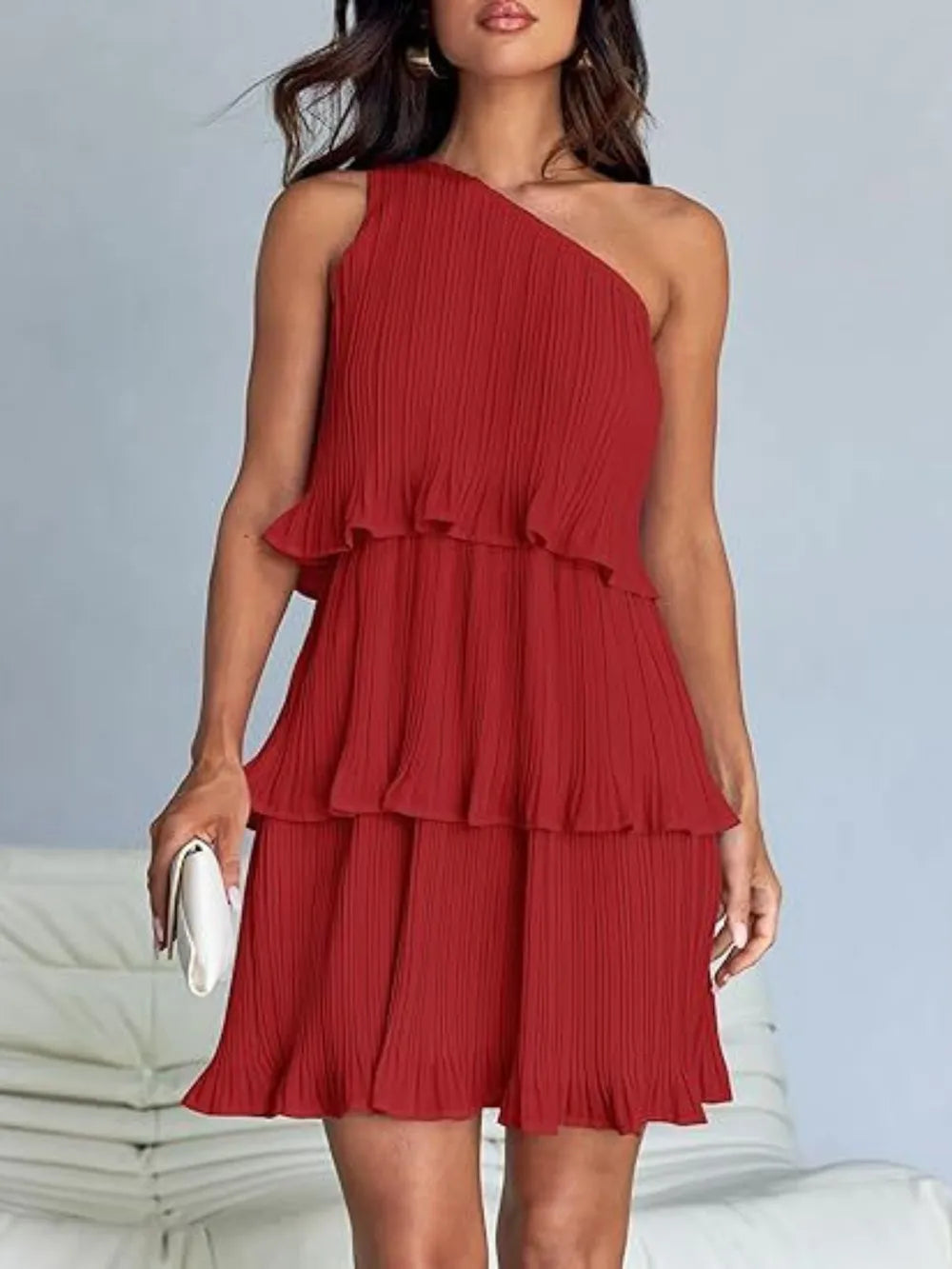 Layered Single Shoulder Mini Dress Scarlet