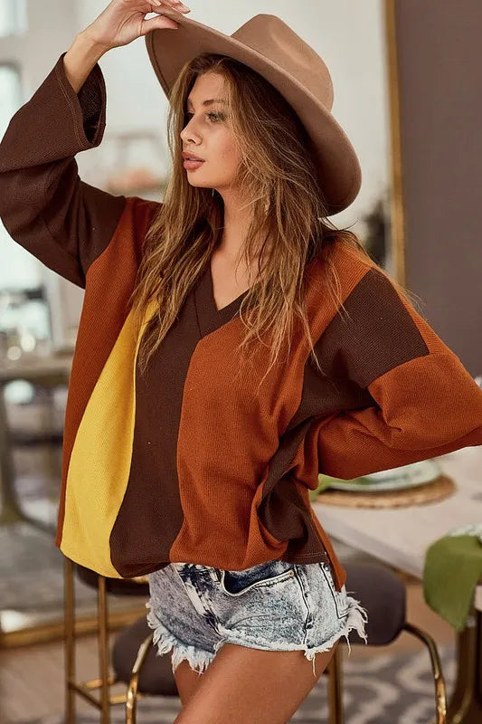 BiBi Brushed Thermal Color Block V-Neck Knit Top