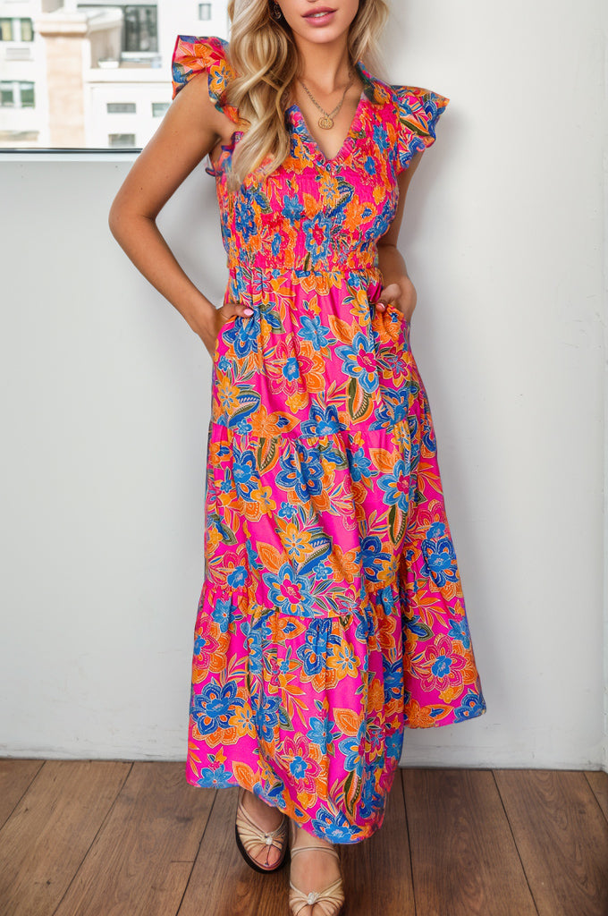 Printed V-Neck Cap Sleeve Pocketed Midi Dress Floral