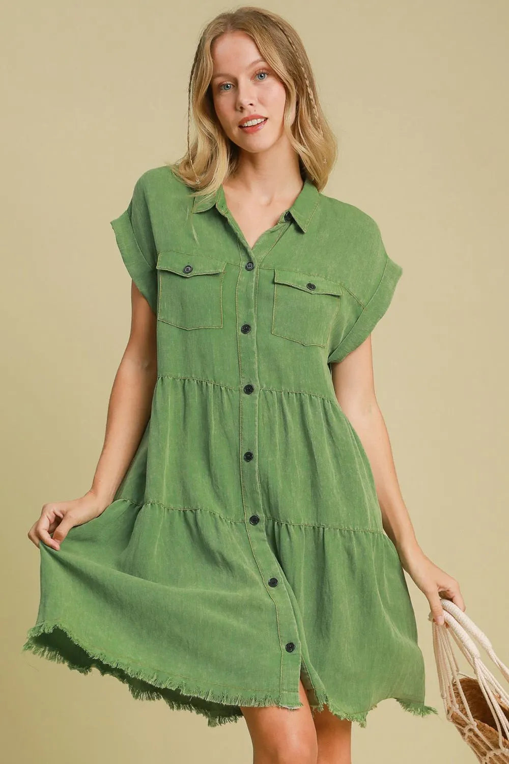 Umgee Full Size Frayed Hemline Button Down Shirt Dress Plus Size Green