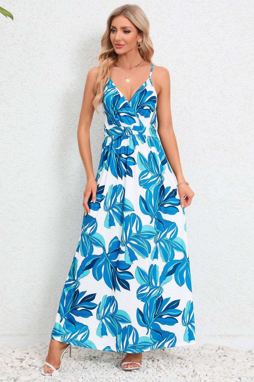 Printed Surplice Maxi Cami Dress Cerulean