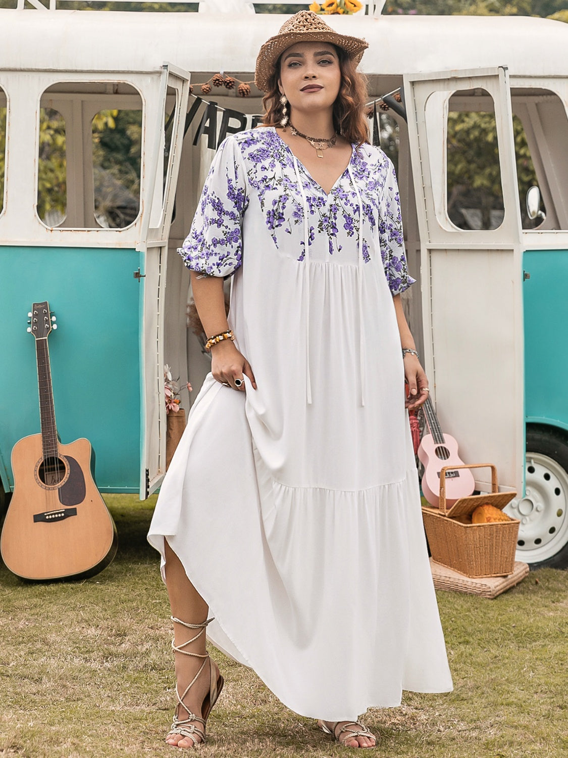 Plus Size Printed Tie Neck Half Sleeve Maxi Dress White