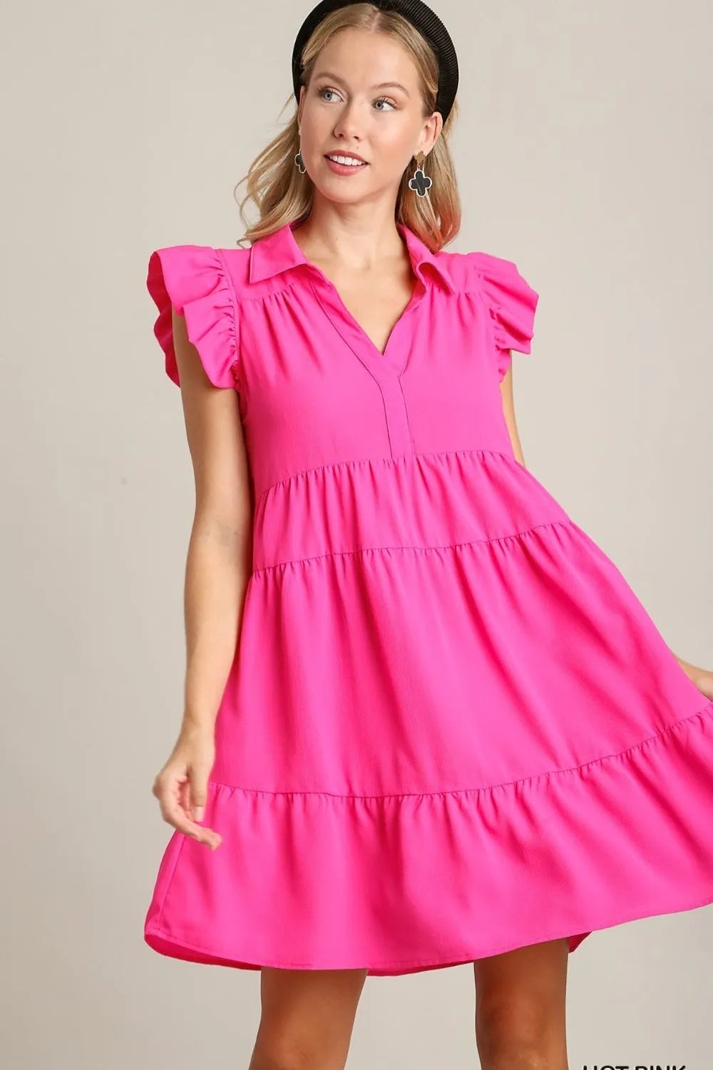 Umgee Full Size Johnny Collar Ruffle Cap Sleeve Tiered Dress Plus Size Hot Pink