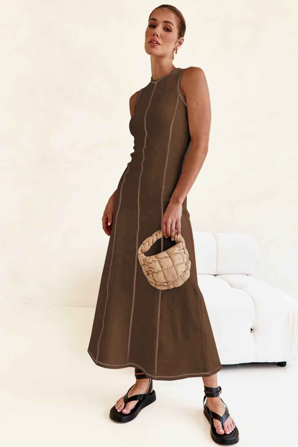 Contrast Stitching Maxi Tank Dress Brown