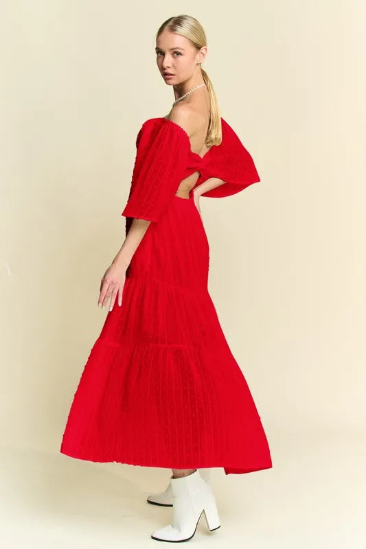 Davi & Dani Swiss Dotted Ruched Ruffle Open Back Midi Dress