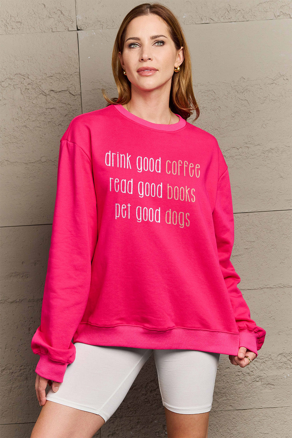 Simply Love Full Size Letter Graphic Round Neck Sweatshirt Hot Pink