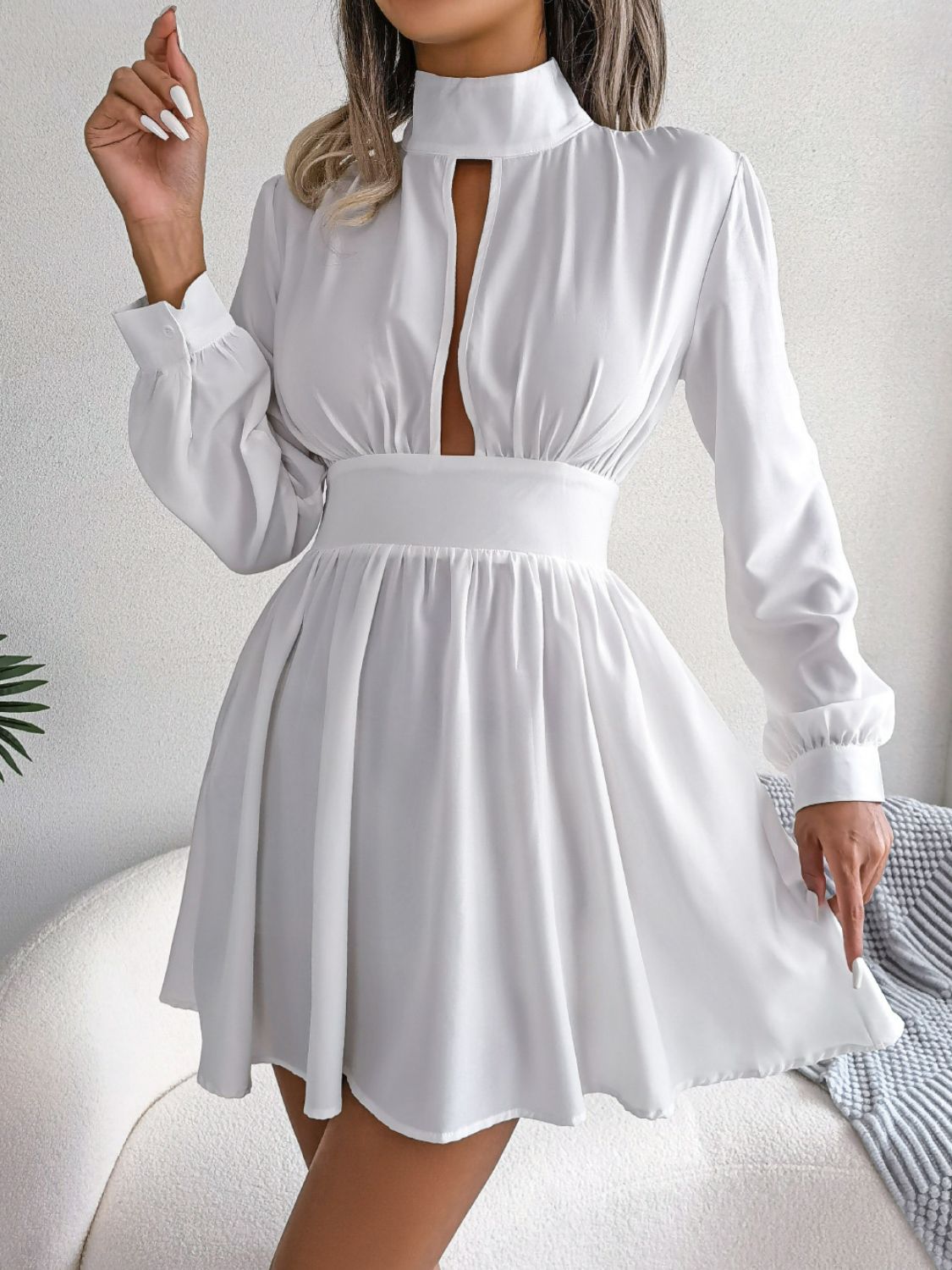 Cutout Turtleneck A-Line Mini Dress White
